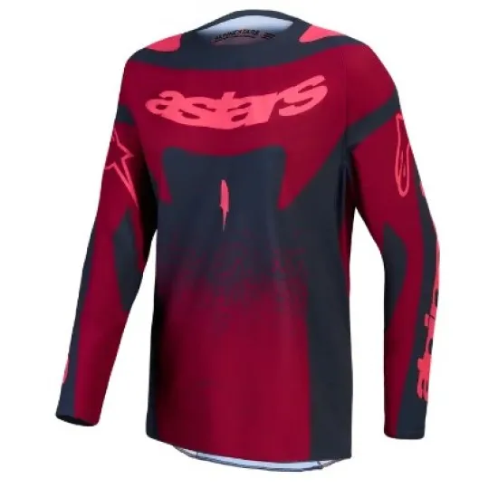 Дамско мотокрос джърси Alpinestars Techstar Swan в тъмносиньо и малинено червено с лого на гърба и многопанелен крой