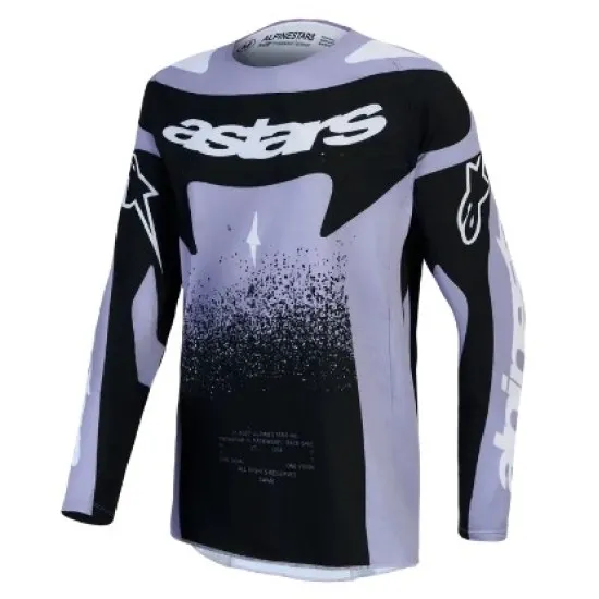 Дамско мотокрос джърси Alpinestars Techstar Swan в черно и виолетово с разпръснат графичен принт и лого на гърдите