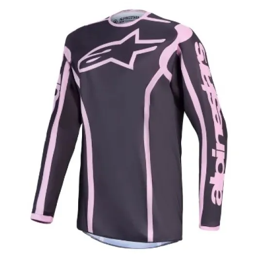 Дамско мотокрос джърси Alpinestars Fluid Apex V2 в тъмносиво и розово с лого на гърдите и розови акценти по ръкавите
