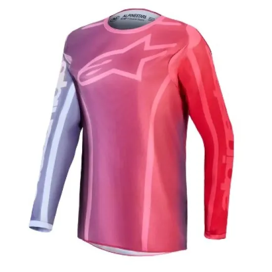 Дамско мотокрос джърси Alpinestars Fluid Kepler в градиент лилаво, розово и червено с лого на гърдите и контрастни ръкави