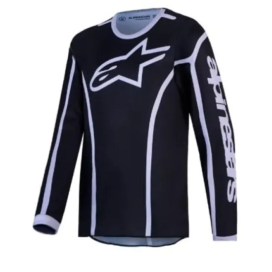 Детско мотокрос джърси Alpinestars Fluid APEX V2 в черно с бели контрастни линии и лого на звездата на гърдите