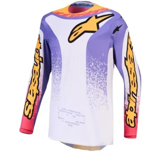 Детско мотокрос джърси Alpinestars Fluid Drag в лилаво, бяло, оранжево и розово с жълто лого на звездата и надписи по