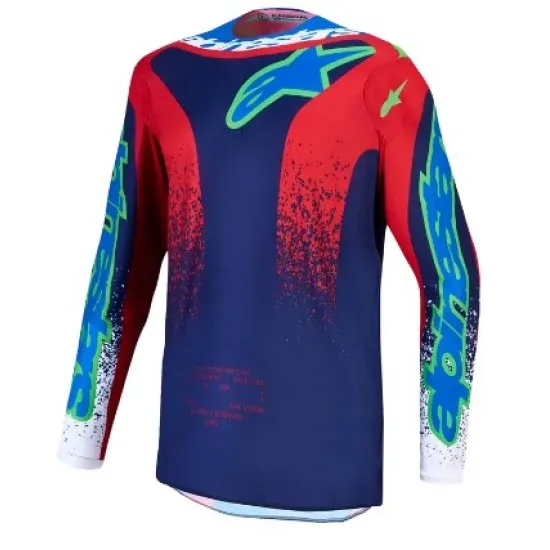 Гръб на детско мотокрос джърси Alpinestars Fluid Drag в синьо, тъмносиньо и червено с бял splatter ефект и лого на яката