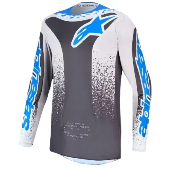 Гръб на детско мотокрос джърси Alpinestars Fluid Drag в тъмносиво, бяло и синьо с голямо лого и разпръскващ графичен ефект