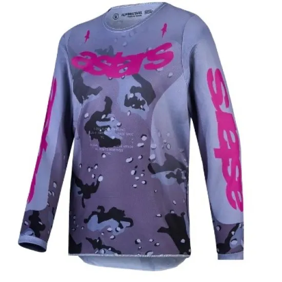 Детско мотокрос джърси Alpinestars Fluid Lone в сиво-лилав камуфлаж с ярки магента надписи и дълъг ръкав