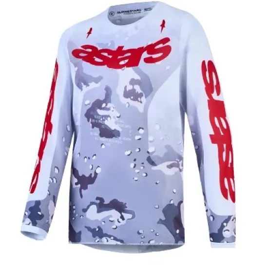 Детско мотокрос джърси Alpinestars Fluid Lone в сиво-бял камуфлаж с червено лого и дълги ръкави