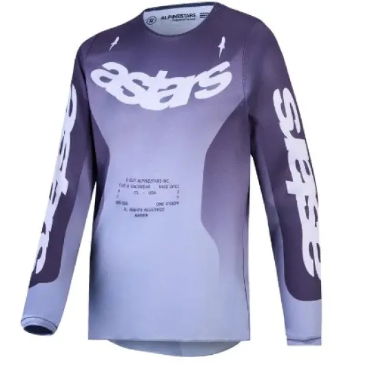 Детско мотокрос джърси Alpinestars Fluid Amber с лилаво-сив градиент, бяло astars лого на гърдите и Race Spec надпис на торса