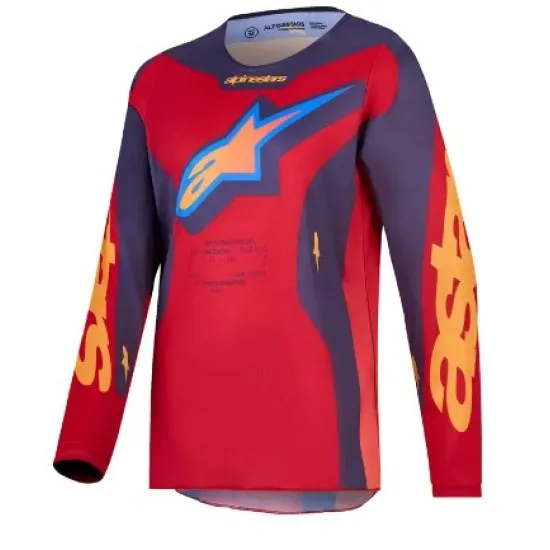 Детско мотокрос джърси Alpinestars Fluid Hunt в червено и тъмносиньо с оранжеви графики и лого на гърдите