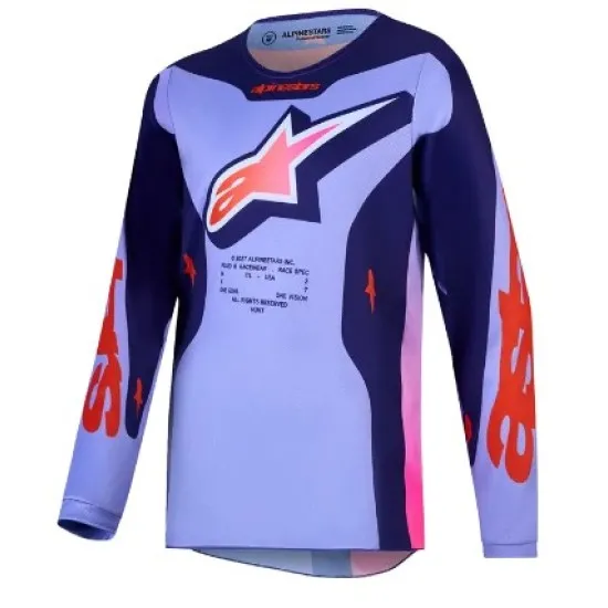 Детско мотокрос джърси Alpinestars Fluid Hunt в тъмносиньо и лавандулово с розово и оранжево лого на гърдите