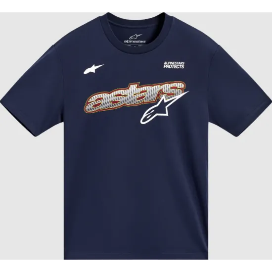 Тъмносина мото тениска Alpinestars Cypress CSF с графичен надпис astars в метален ефект и бяло лого звезда на гърдите
