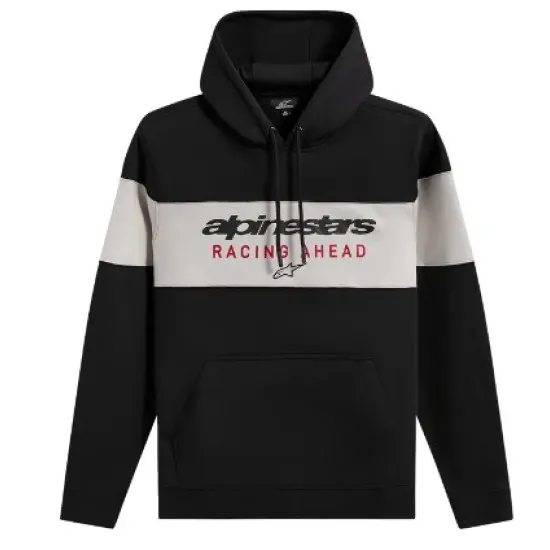 Черен суитшърт с качулка Alpinestars PO Cubic с контрастна сива лента и надпис Racing Ahead на гърдите