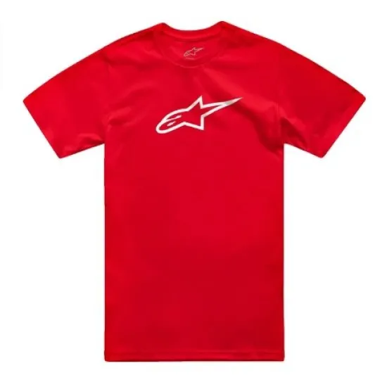Червена тениска Alpinestars Ageless 2.0 с голямо бяло лого на гърдите и малък надпис на марката при яката