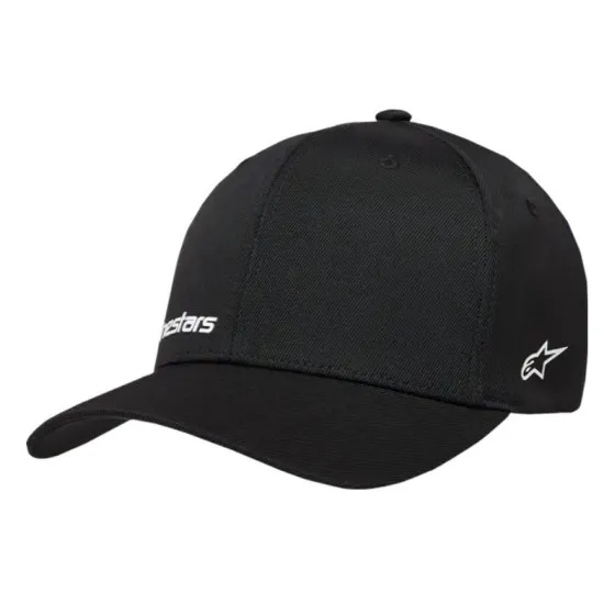 Черна шапка Alpinestars Bill Points с бродирано лого alpinestars отпред и звезда отстрани, извита козирка