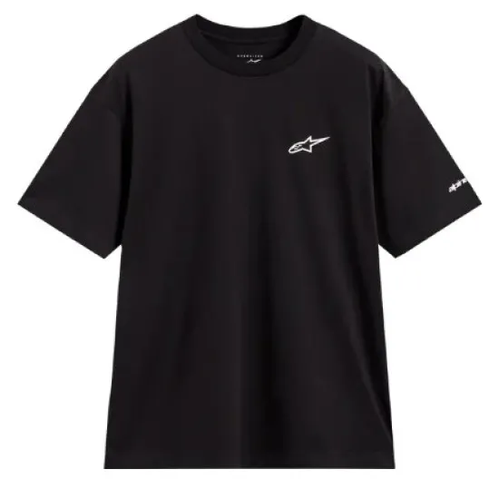 Черна оувърсайзд тениска Alpinestars с бяло лого на гърдите и надпис на ръкава, памучна смес