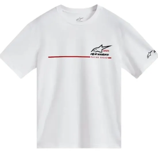 Бяла тениска Alpinestars CSF P1 с черно лого и червена линия с надпис Racing Ahead на гърдите и малко лого на левия ръкав