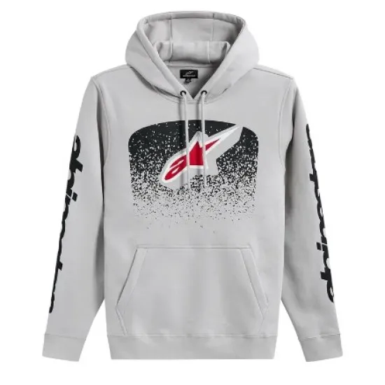 Светлосив суитшърт с качулка Alpinestars Obsessed Cement с черно-червено лого и пиксел графика на гърдите и надпис на