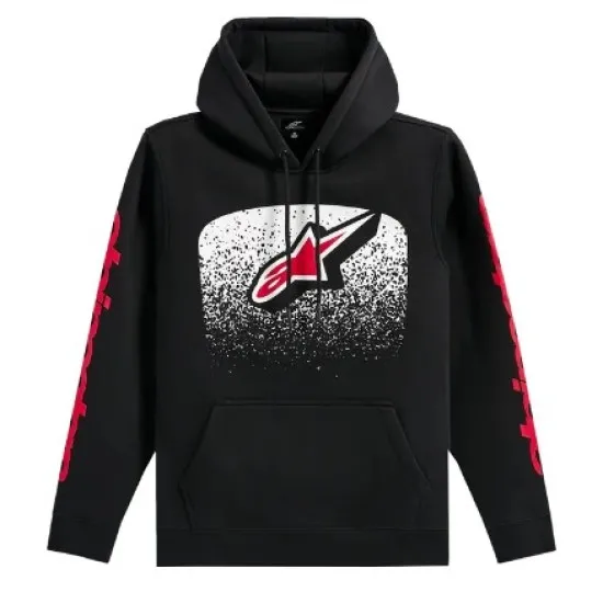 Черен суитшърт с качулка Alpinestars Obsessed с бяло-червено лого с пиксел ефект на гърдите и червени надписи по ръкавите