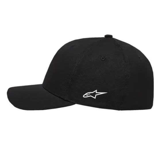 Черна шапка Alpinestars Bill Points с бродирано лого alpinestars отпред и звезда отстрани, извита козирка