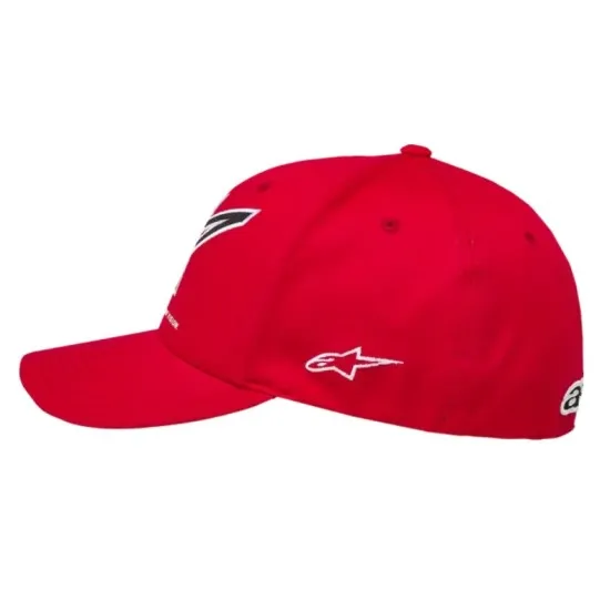 Червена шапка Alpinestars Bill Lineout с голямо бродирано черно-бяло лого и надпис One Goal One Vision на предния панел