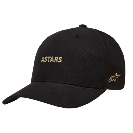 Черна канвас шапка Alpinestars Bill County с бродирано злaтисто лого ASTARS на предния панел и звезда на козирката