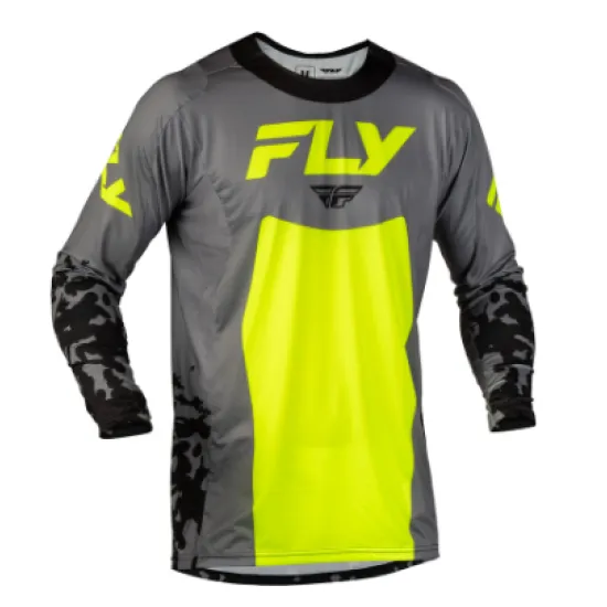 Мотокрос блуза FLY Racing Kinetic Mesh в сиво и флуоресцентно жълто-зелено с камуфлажни ръкави и мрежест вентилационен панел