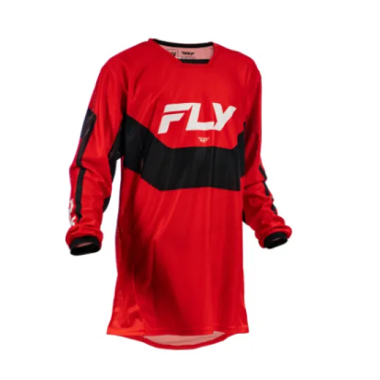 Детска мотокрос блуза FLY RACING Kinetic Mesh в червено и черно с бял надпис FLY и перфориран мрежест материал