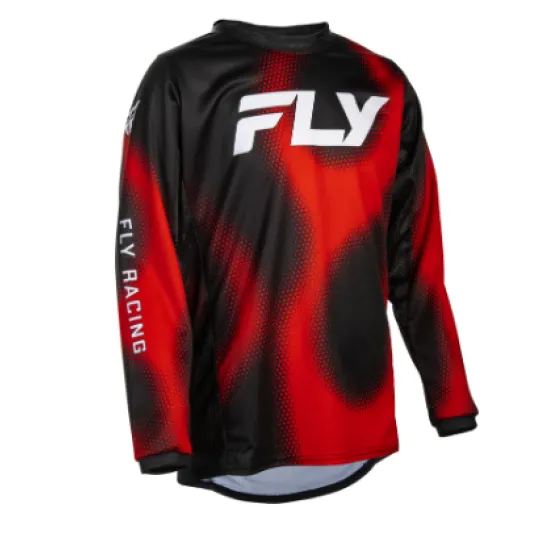 Детска мотокрос блуза FLY RACING Kinetic Torch в черно и червено с халфтон графика, лого FLY на гърдите и надпис FLY RACING