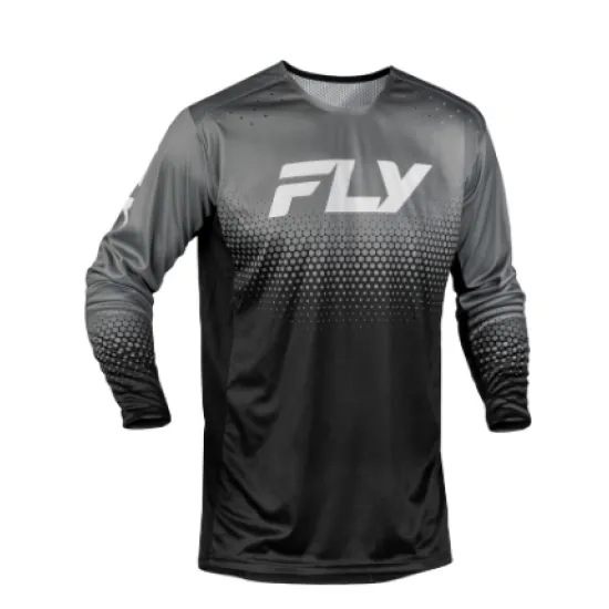 Детска мотокрос блуза FLY Racing Rayce Sonar в черно и сиво с honeycomb принт и бяло лого FLY на гърдите