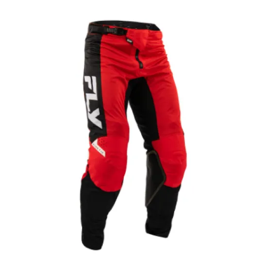 Мотокрос брич FLY RACING Kinetic Mesh в червено и черно с голямо бяло лого FLY на бедрото и перфорирани панели
