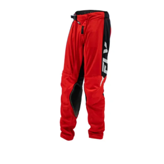 Детски мотокрос брич FLY RACING Kinetic Mesh Youth в червено и черно с бяло лого FLY по десния крачол