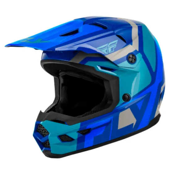 Детска мотокрос каска FLY RACING Kinetic Scrap в синьо, светлосиньо и сиво с удължен визьор и вентилационни отвори, изглед