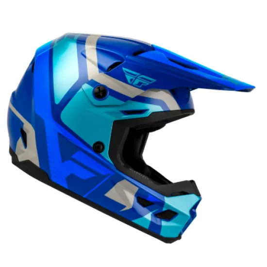 Детска мотокрос каска FLY RACING Kinetic Scrap в синьо, светлосиньо и сиво с удължен визьор и вентилационни отвори, изглед
