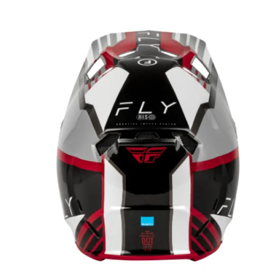 Мотокрос каска FLY Racing Formula CC Strike в сиво, червено, черно и бяло с RHEON лого и масивен визьор - страничен изглед,
