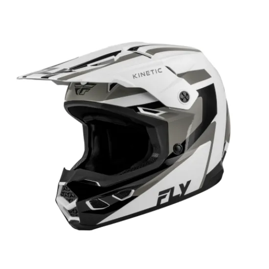 FLY Racing Kinetic Sync мотокрос каска в бяло, черно и сиво с удължен визор, вентилационни отвори при брадата и лого FLY на