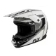 FLY Racing Kinetic Sync мотокрос каска в бяло, черно и сиво с удължен визор, вентилационни отвори при брадата и лого FLY на