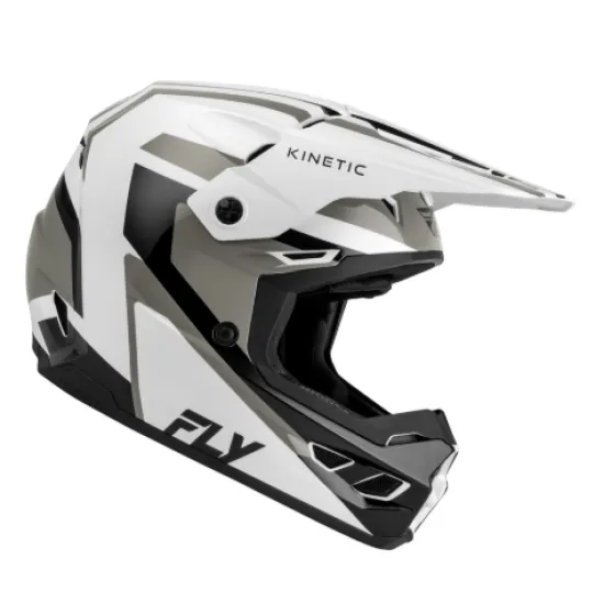 FLY Racing Kinetic Sync мотокрос каска в бяло, черно и сиво с удължен визор, вентилационни отвори при брадата и лого FLY на