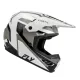 FLY Racing Kinetic Sync мотокрос каска в бяло, черно и сиво с удължен визор, вентилационни отвори при брадата и лого FLY на