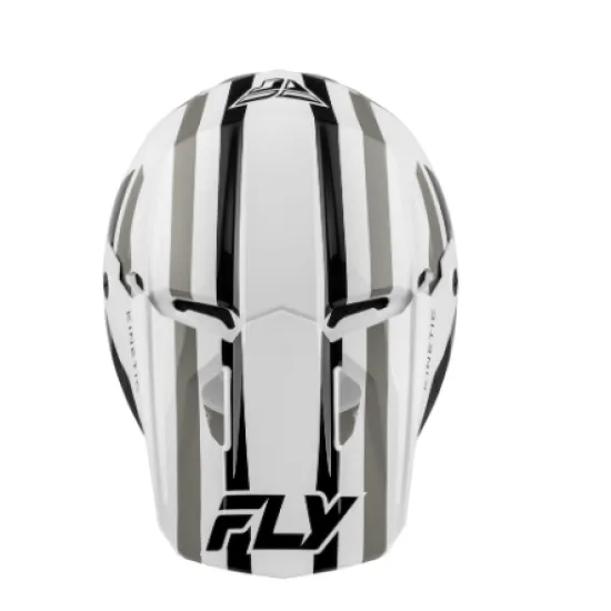 FLY Racing Kinetic Sync мотокрос каска в бяло, черно и сиво с удължен визор, вентилационни отвори при брадата и лого FLY на