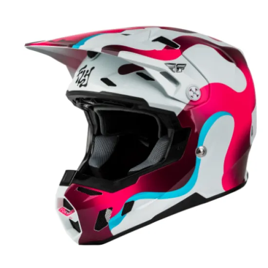 FLY RACING Formula CC Vibe мотокрос каска в бяло, малиново и синьо с камуфлажен графичен дизайн, изпъкнал визьор и