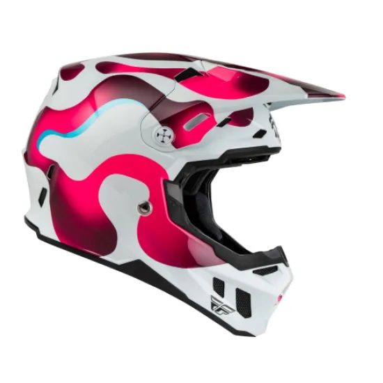 FLY RACING Formula CC Vibe мотокрос каска в бяло, малиново и синьо с камуфлажен графичен дизайн, изпъкнал визьор и