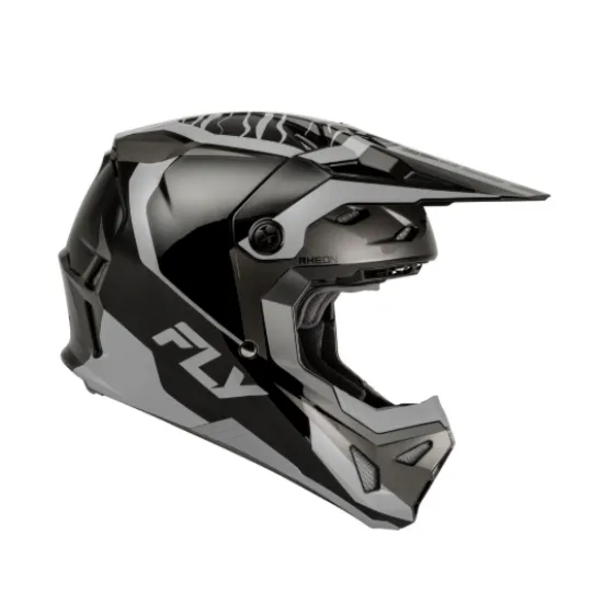 Мотокрос каска FLY RACING Formula CP Charge в матово черно и сиво с RHEON маркировка, зебра графики и вентилационни отвори -
