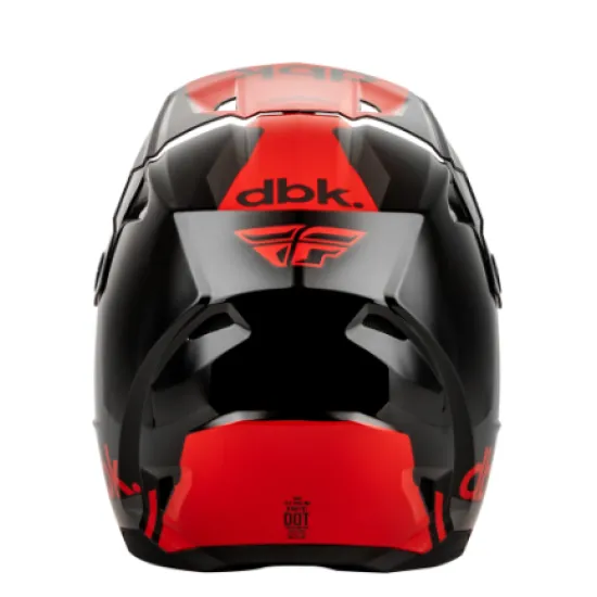 Мотокрос каска FLY RACING Kinetic DBK 27 в черно, червено и сиво с лого DBK и FLY, широка козирка и вентилационни отвори