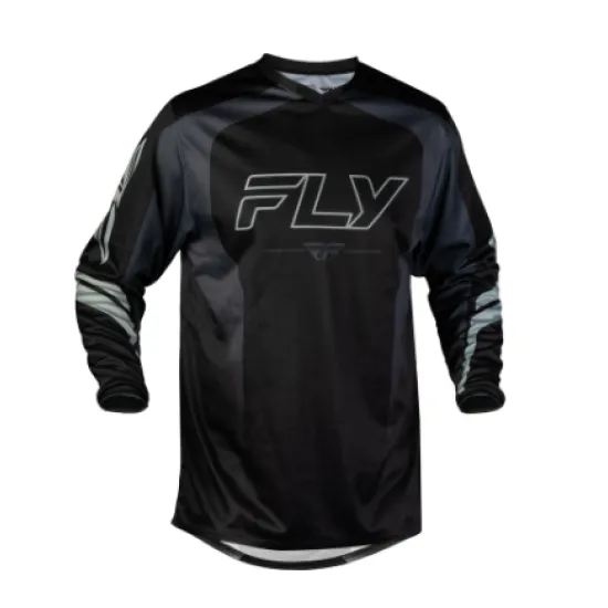 Черна мотокрос блуза Fly Racing F-16 Raze с тъмносиви акценти, голямо лого FLY на гърдите и рефлективни детайли по раменете