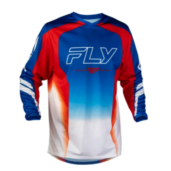 Мотокрос блуза FLY RACING F-16 Raze в червено, синьо и бяло с меш структура, голямо лого FLY на гърдите и плавни цветни