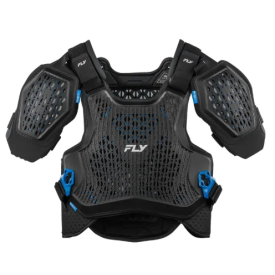 Черна протекторна броня FLY RACING Blueprint RCH-2 с хексагонална вентилационна решетка, масивни раменни протектори и сини