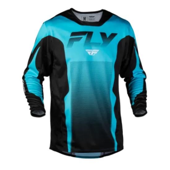 Мотокрос блуза FLY Racing Kinetic Fade в синьо и черно с градиентен преход, мрежести вентилационни зони и лого на гърдите