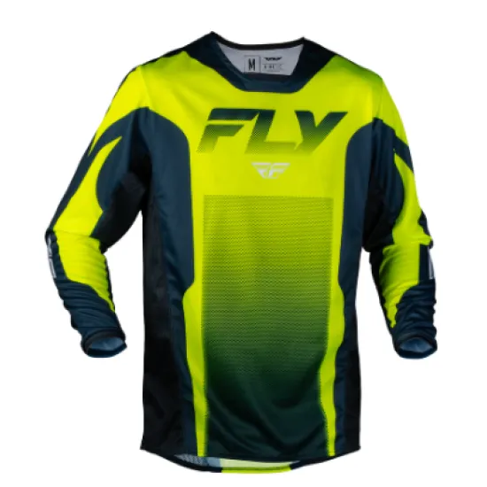 Мотокрос блуза FLY RACING Kinetic Fade в флуоресцентно жълто и тъмносиньо с мрежеста предна зона и лого FLY на гърдите