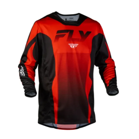 Мотокрос блуза FLY RACING Kinetic Fade с червено-черен градиент, мрежеста вентилация и лого на гърдите