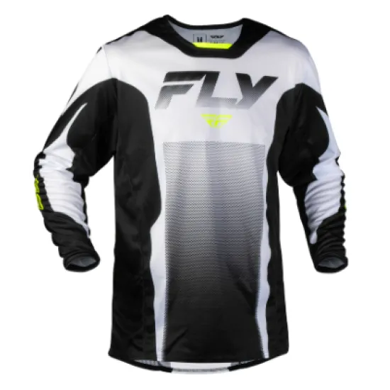 Мотокрос блуза FLY RACING Kinetic Fade в бяло и черно с Hi-Vis жълти акценти, мрежеста вентилация и лого на гърдите