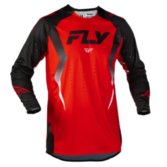 Мотокрос блуза FLY RACING Evolution DST Bolt в червено и черно с лазерни перфорации, мрежести зони и голямо лого FLY на
